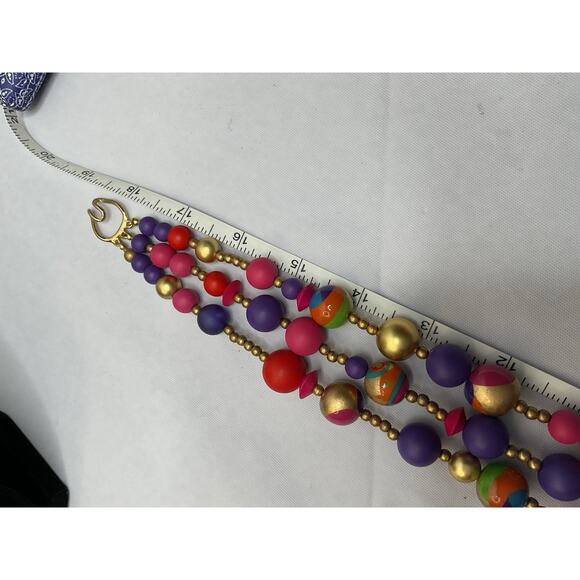 Colorful Necklace Orange Pink Purple Wood Beads Triple Strand Festive Bright - Picture 6 of 7